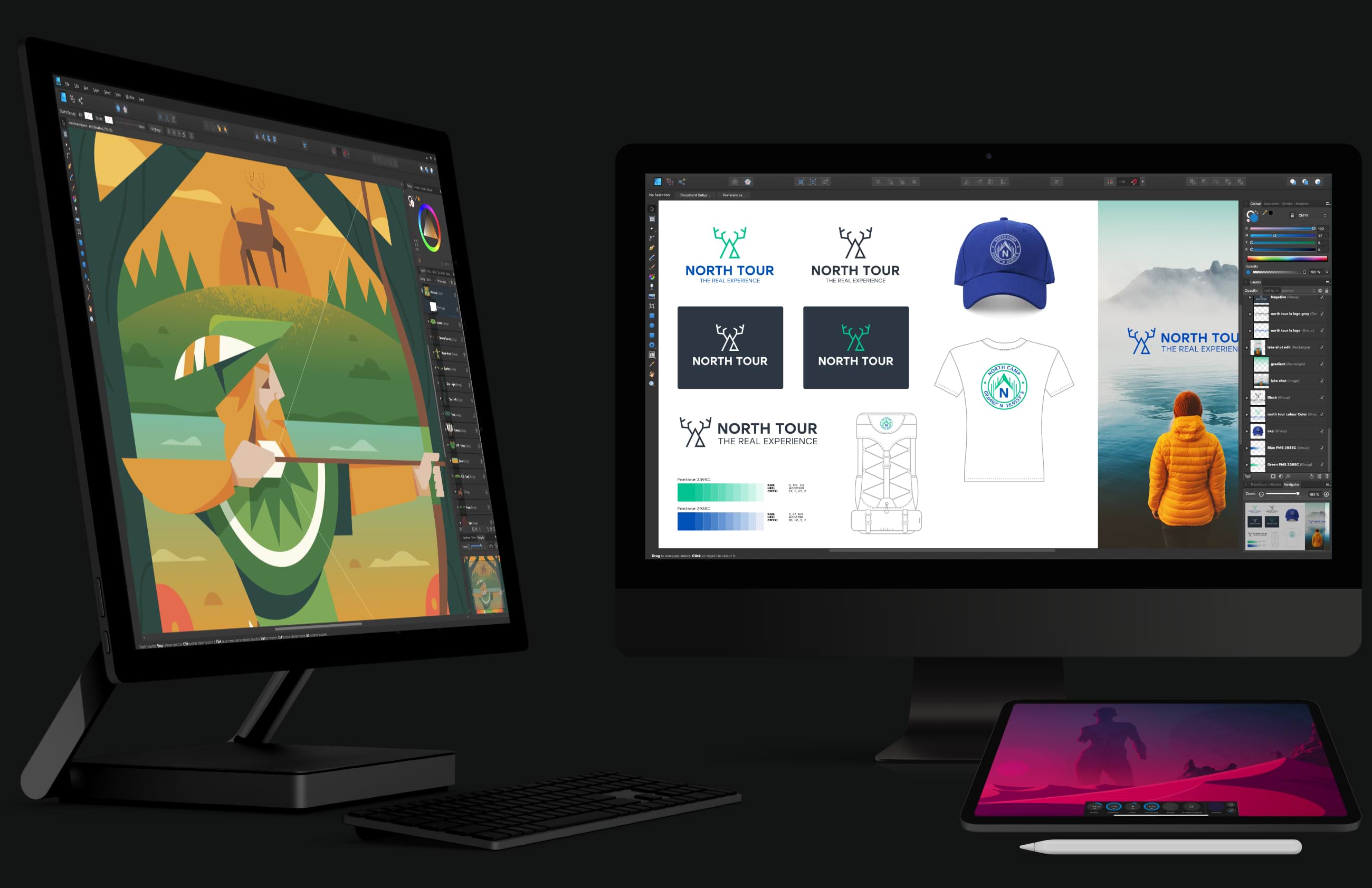 Different Images being edited in Affinity Designer on multiple devices, including desktop computers and an iPad