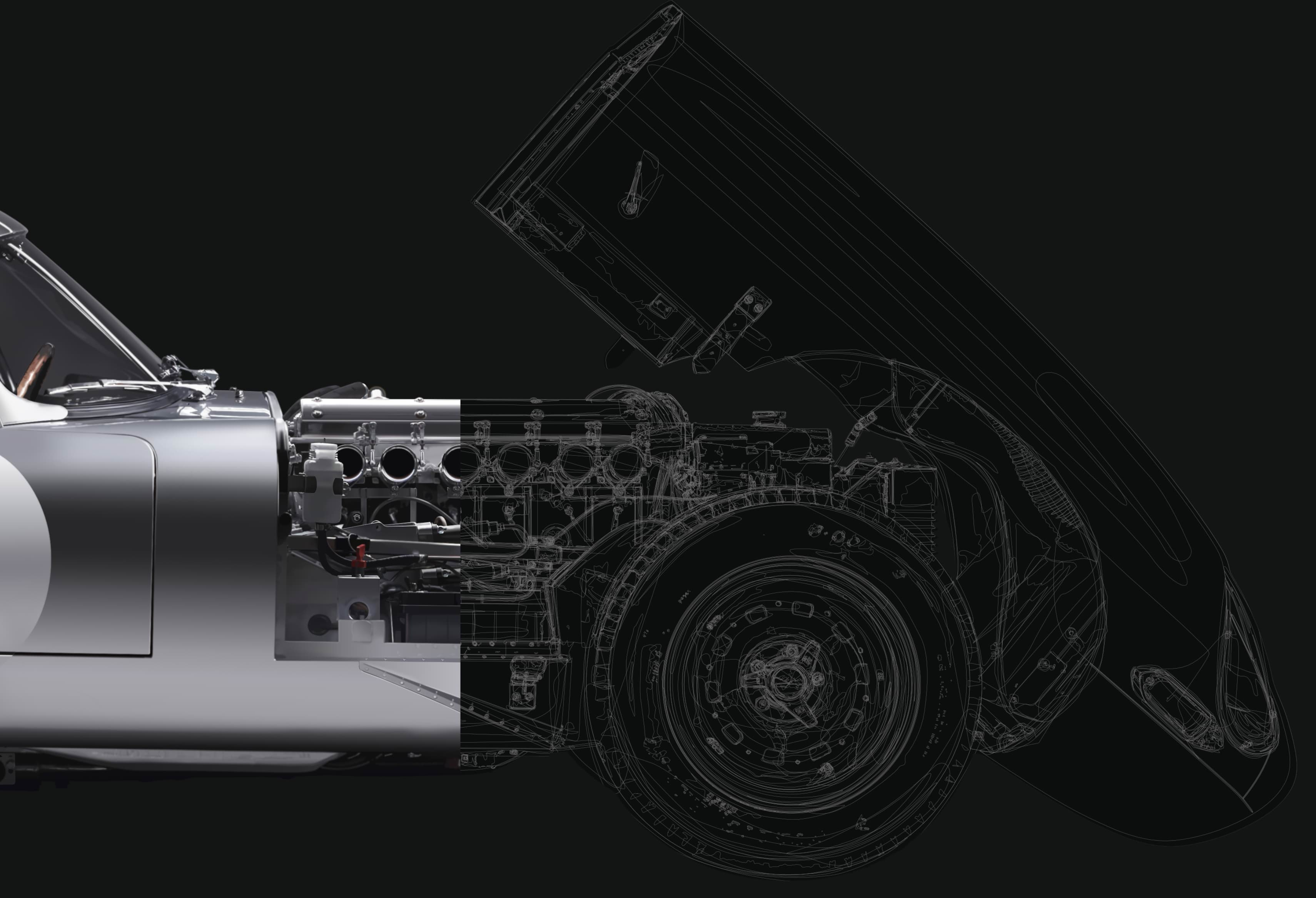 Detailed wireframe sketch of a classic car showing the internal lines and parts