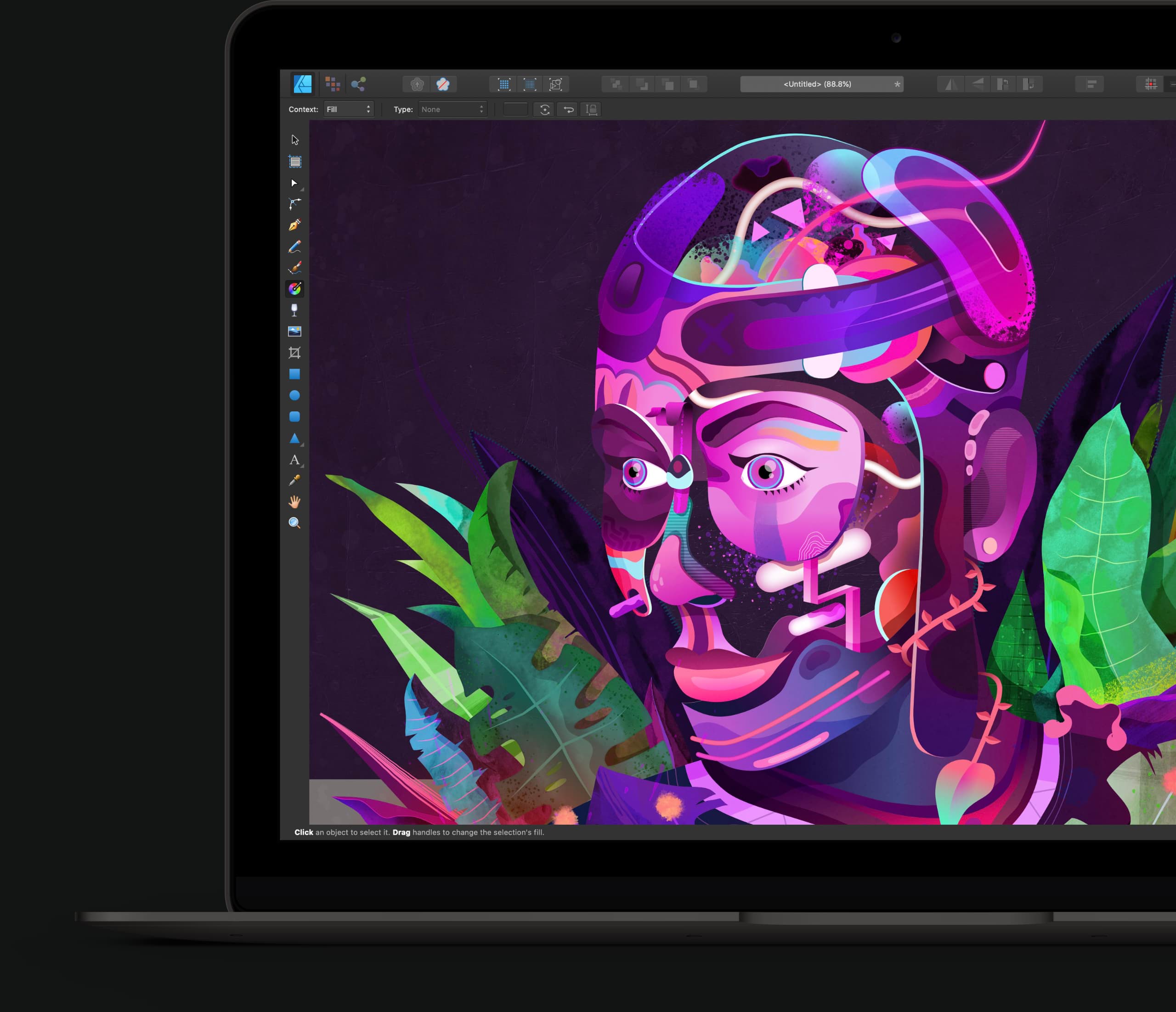 Laptop screen showing abstract illustration of transparent person made up of colorful shapes and objects in front of green leaves
