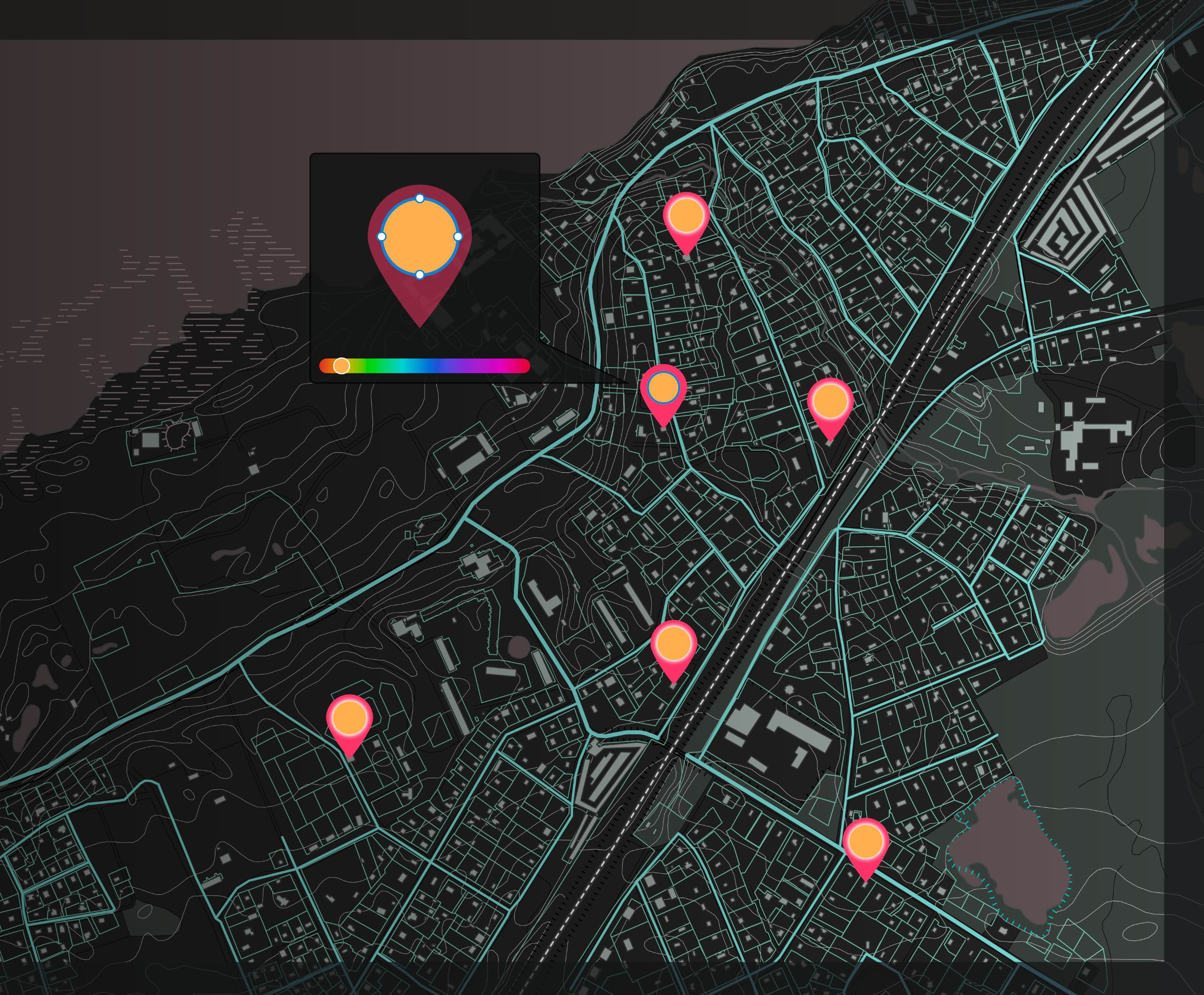 Top down map image with pointer icons at various locations to illustrate the linked symbols feature