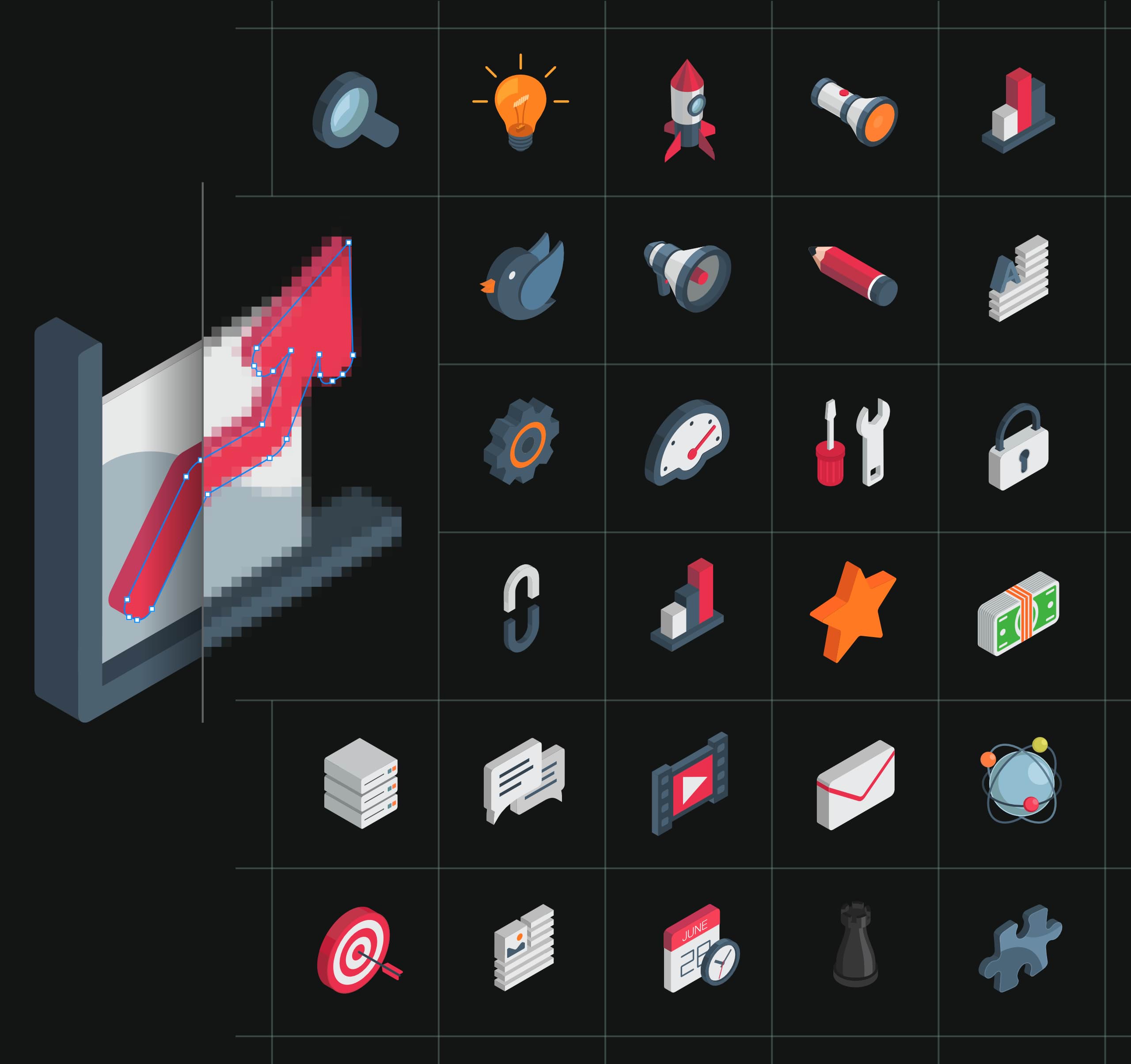 Collection of vector icons on a grid