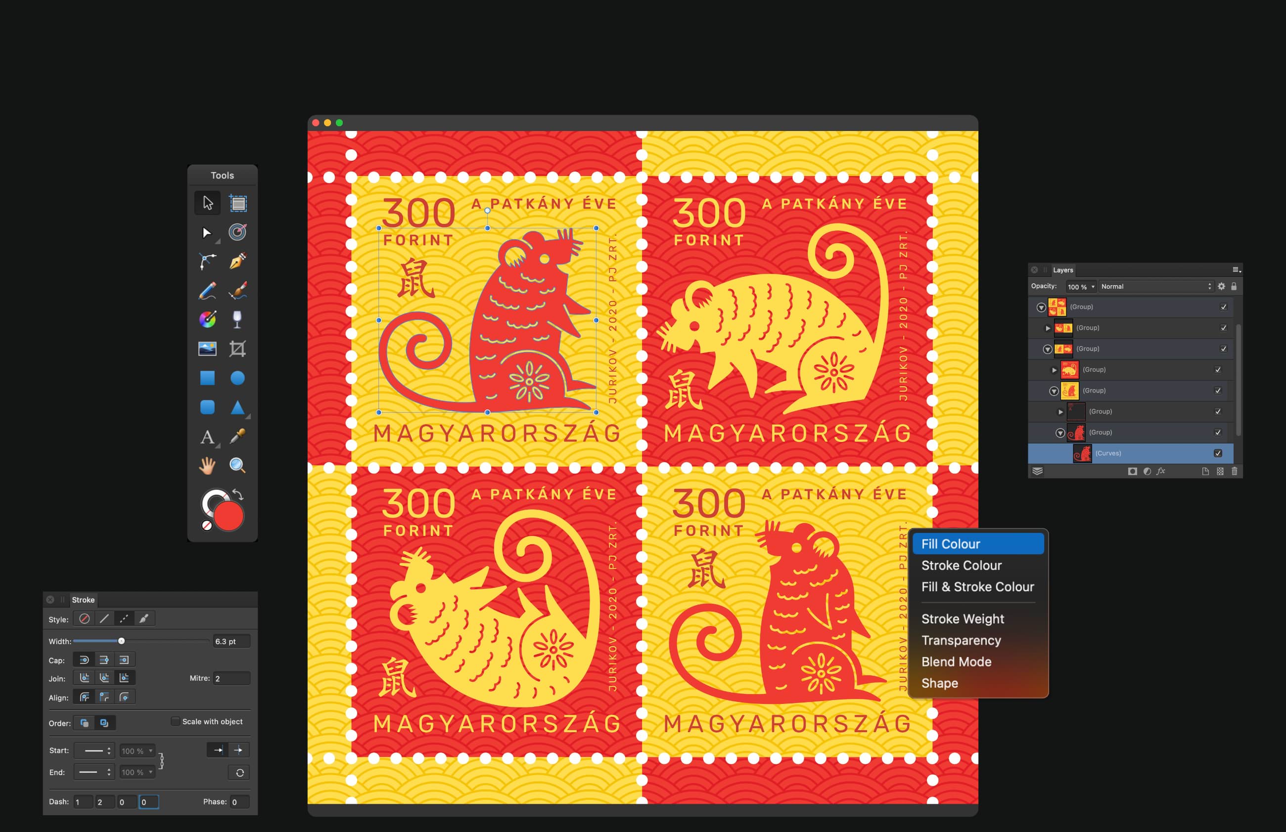 Menu with Fill Color selected atop a red and yellow set of stamps, surrounded by other open menus and tools