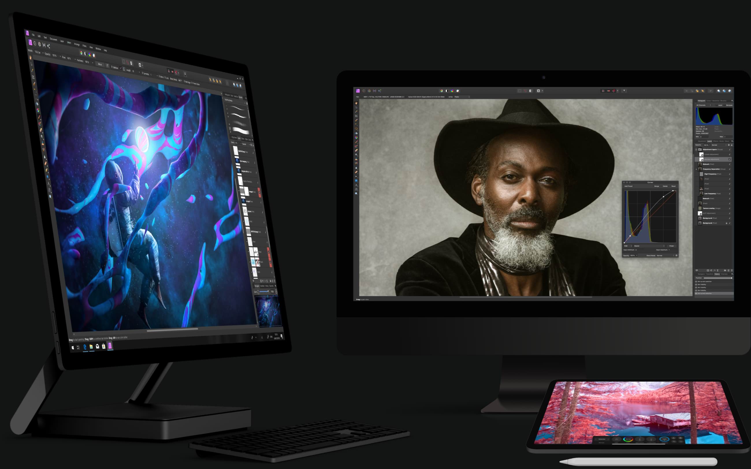Windows PC, iMac and iPad with the Affinity Photo UI on each screen