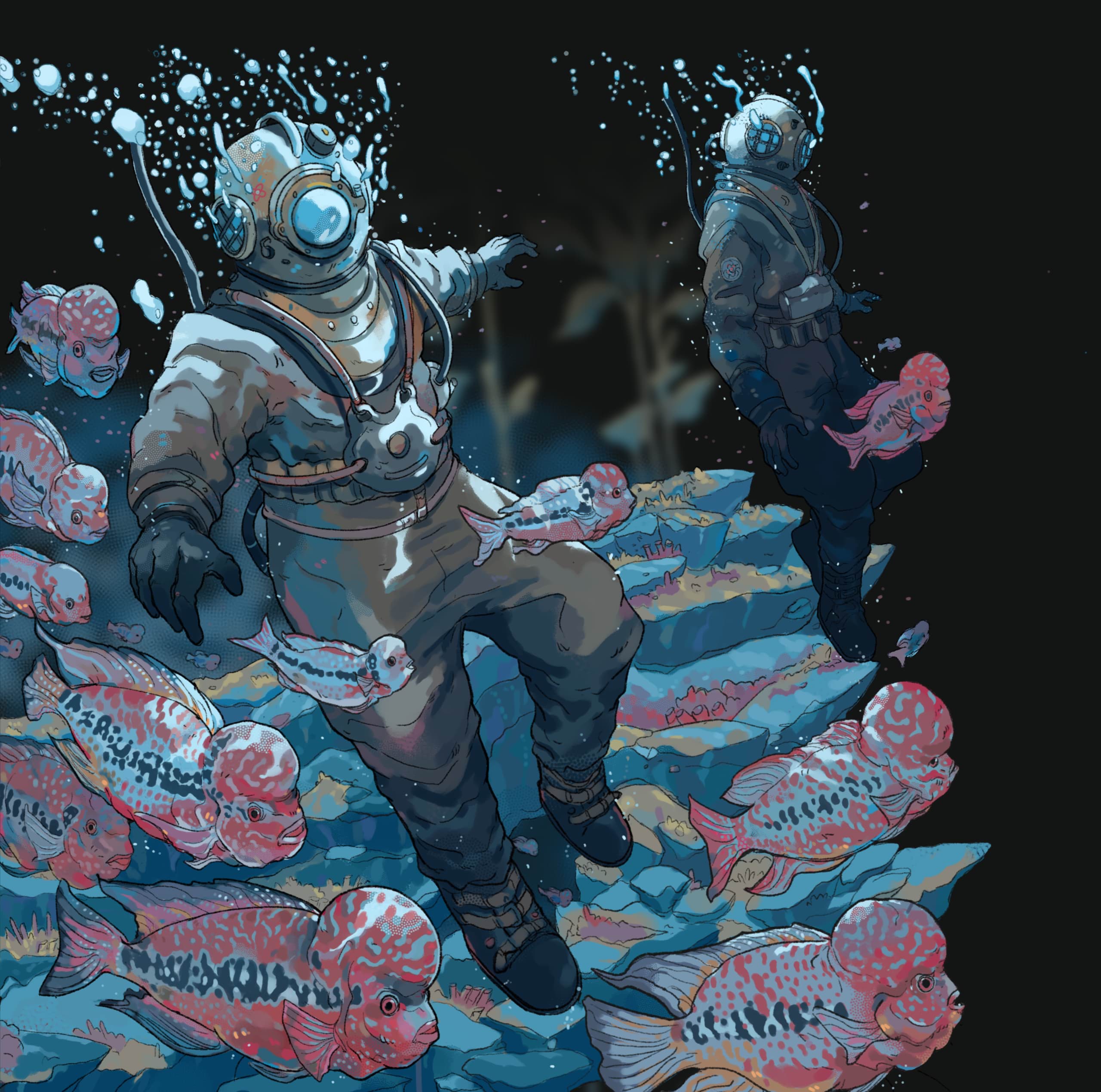 Digital painting of Victorian-style scuba divers underwater, surrounded by pink fish and kelp, created in Affinity Photo