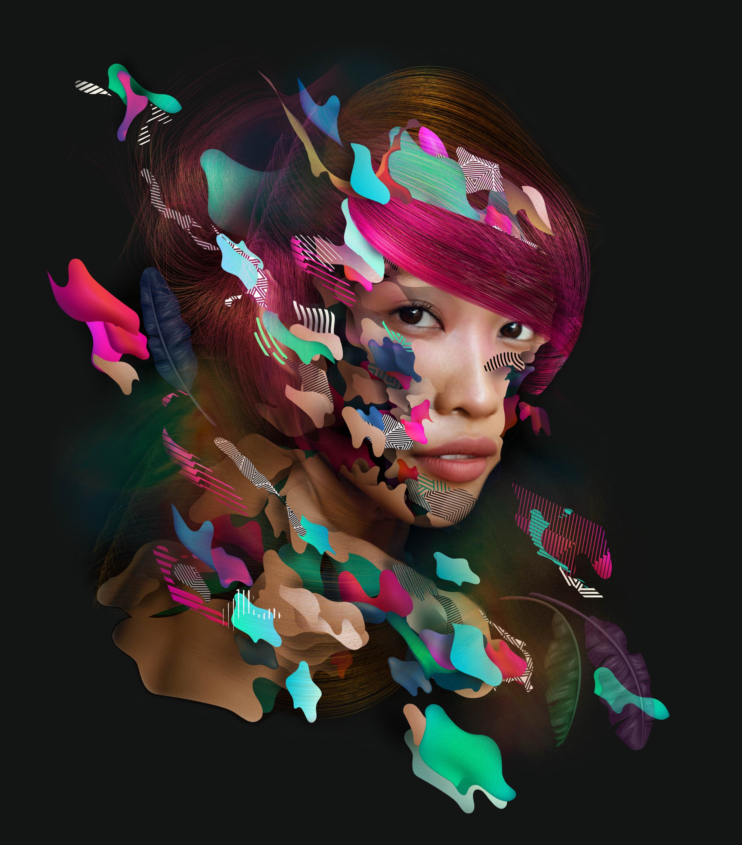 Photo of woman looking over her shoulder, covered in layers and masks of bright colors, shapes and patterns