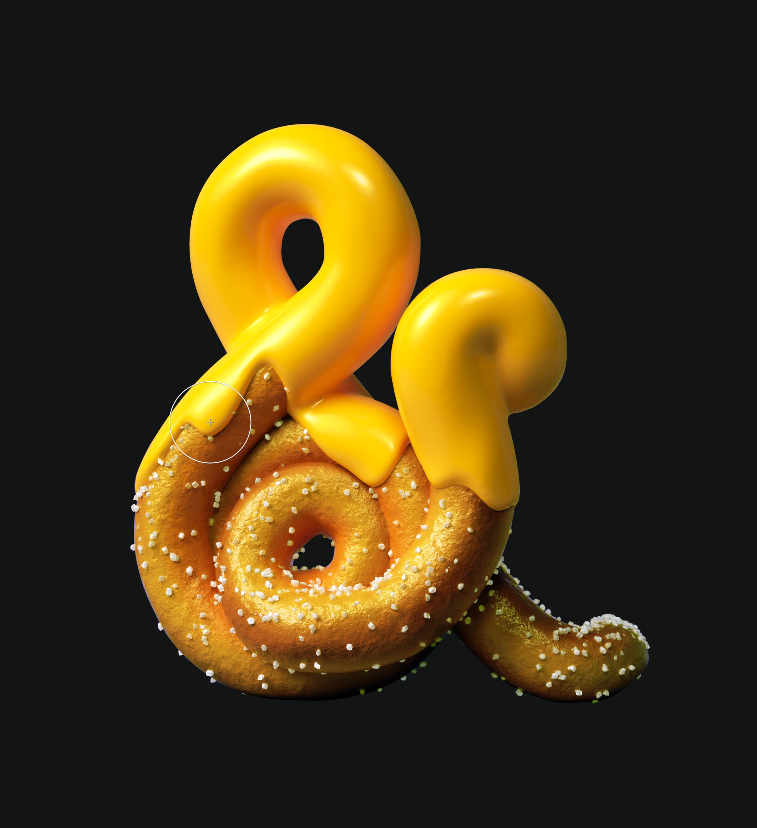 Giant pretzel twisted into an ampersand sign, top half covered in melted yellow cheese, with tool panels open on either side