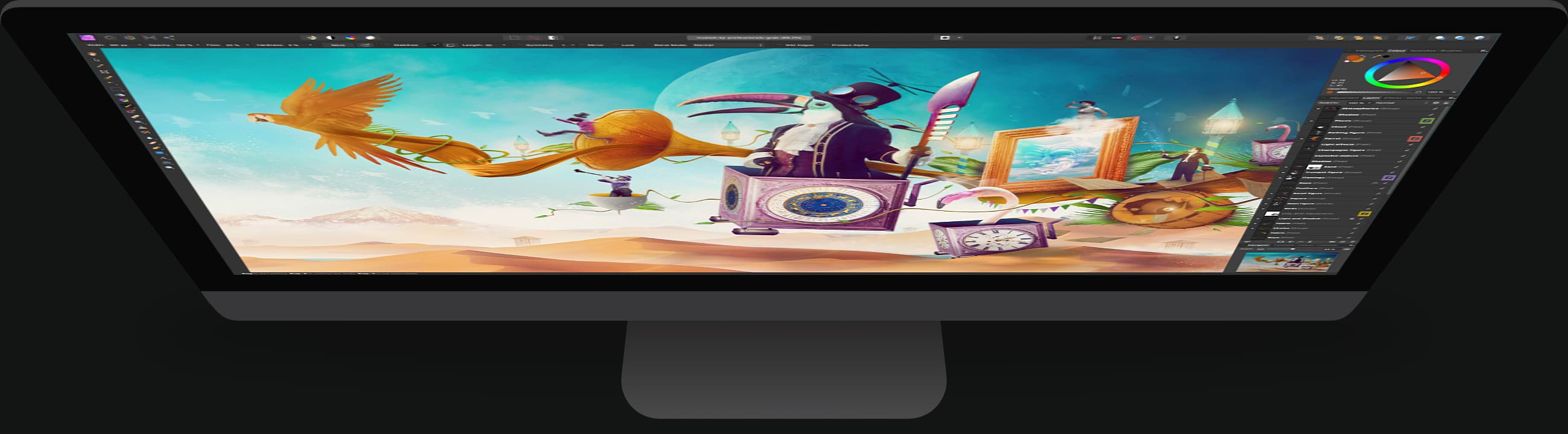 Desktop computer with Affinity Photo open, featuring surreal composition of toucan and other animals travelling across desert