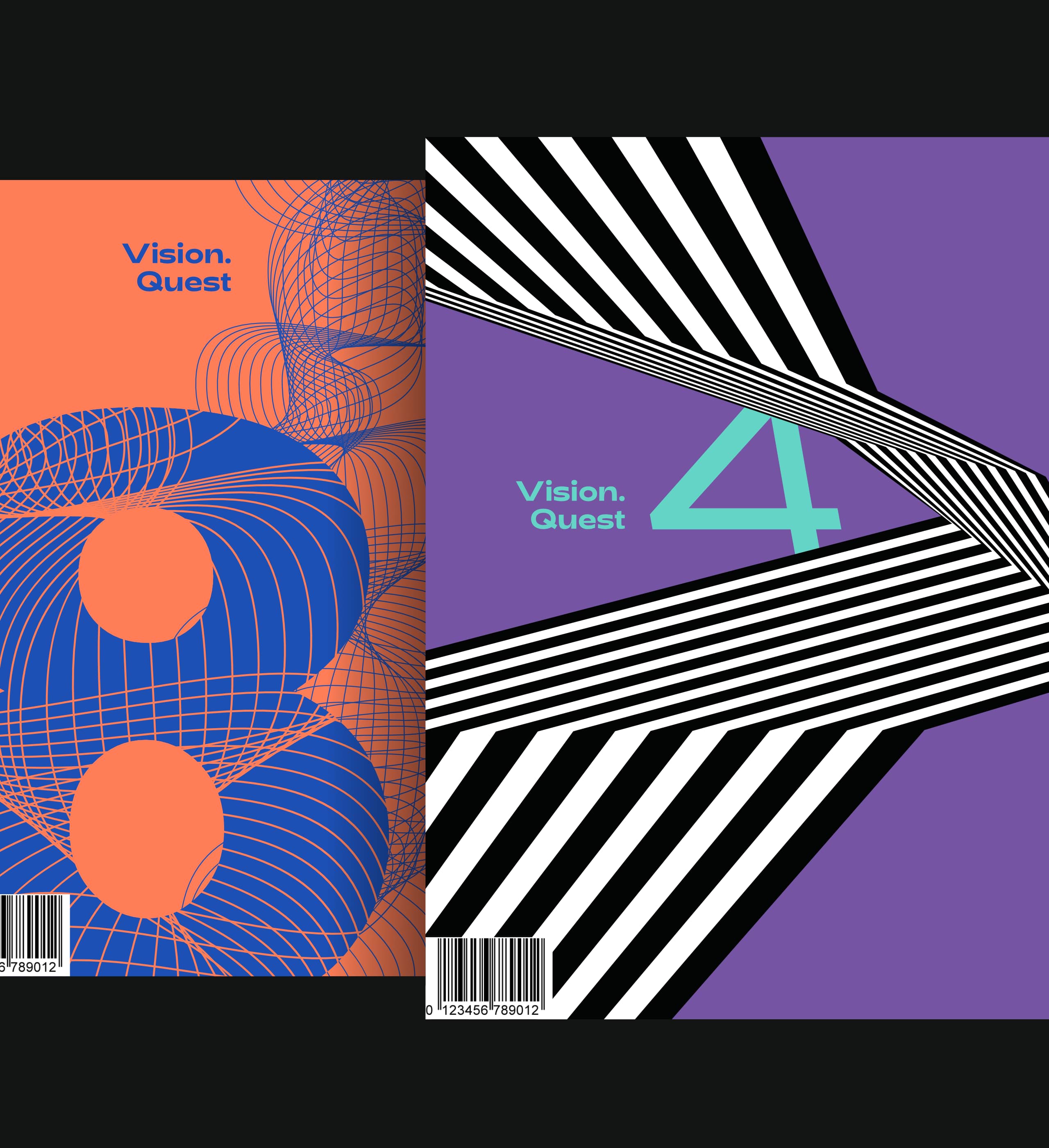 Two page layouts with geometric shapes on them each with the title “Vision. Quest”. One orange with a blue number 8 on it and the other purple with a teal colored number 4 on it.