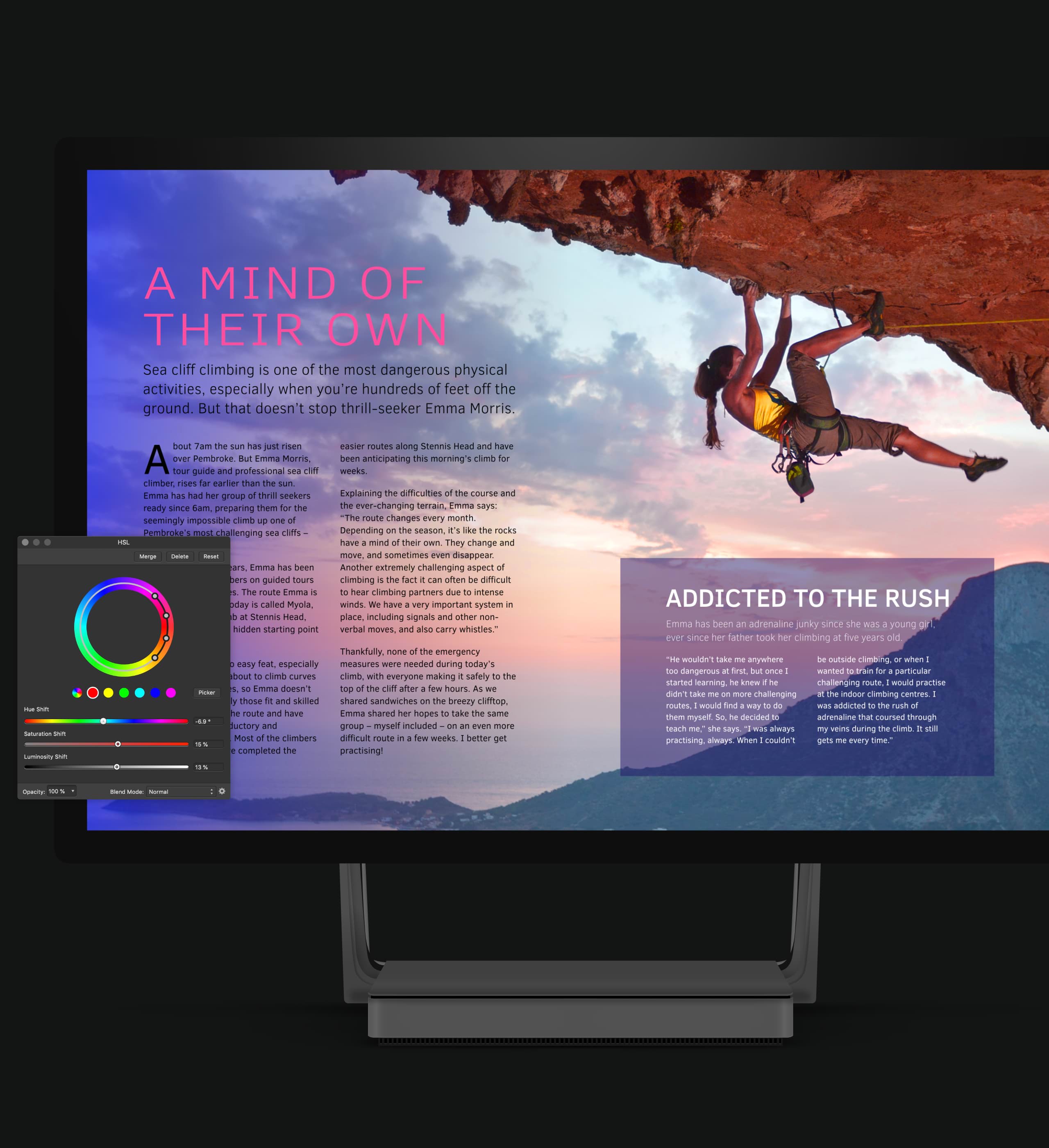 Surface Studio with a magazine article mockup on the screen. The article is titled “A Mind of Their Own” and features an image of a woman rock climbing. An Affinity Publisher color wheel is in the bottom left of the image.