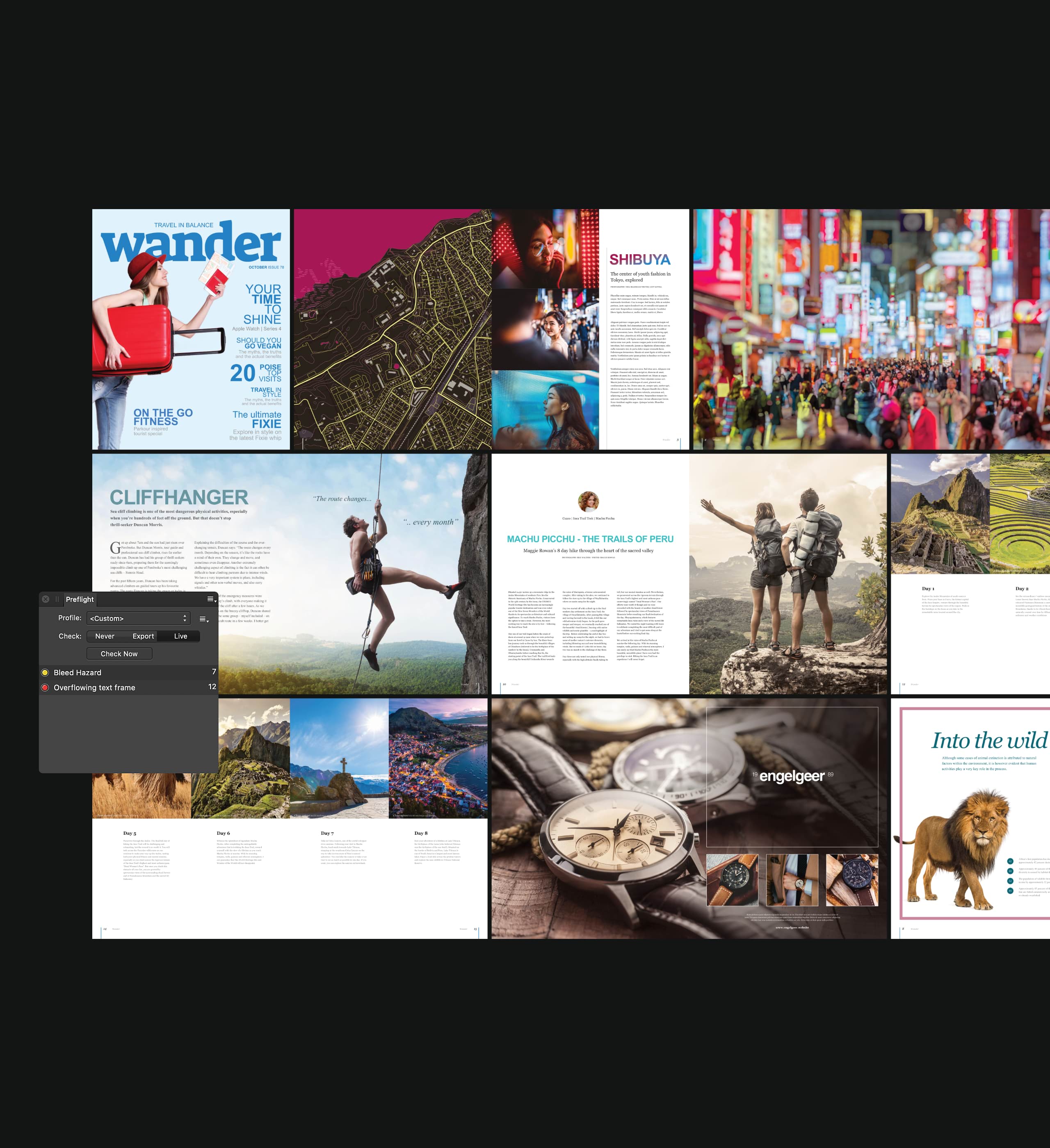 Screenshot of full magazine layout in Affinity Publisher with Preflight panel open