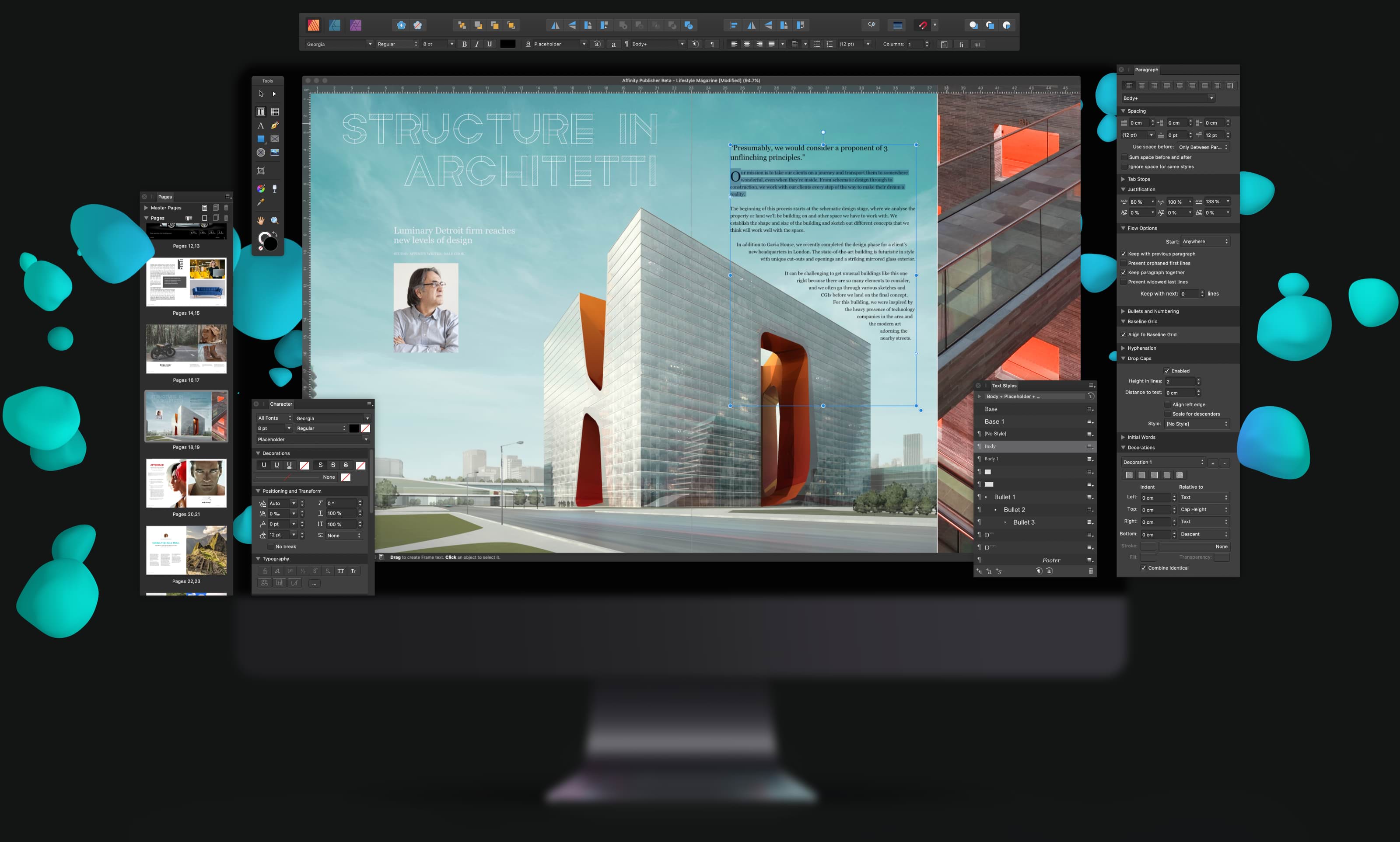 iMac with blue and teal bubbles floating outwards. A page layout mockup is displayed on the screen with the title “Structure in architetti”.