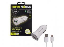 Auto punjač MAXMOBILE SC-106 QC 3.0, 18W quick charge + kabel USB-C, bijeli