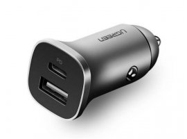  Auto punjač UGREEN 30780, 18W, USB-A, USB-C, sivi