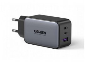 Zidni punjač UGREEN 10335, 65W, USB-A, 2xUSB-C, GaN fast charge, sivi