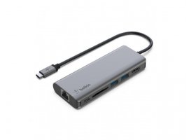  USB-C HUB BELKIN Connect 6in1 Multiport Adapter, USB-C PD 3.0, SD kartica, Gigabit Ethernet, 2x USB-A 3.0, 1x HDMI 1.4 4K, sivi