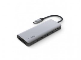  USB-C HUB BELKIN Connect 7in1 Multiport Adapter, USB-C PD 3.0, 2x USB-A 3.0, SD kartica, 3.5mm audio, 1x HDMI 1.4 4K, sivi