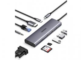  USB-C HUB UGREEN, 10-in-1 USB-C, 1xHDMI, 1xVGA, 1xRJ45, 1x100W PD USB-C, 3x3.0 USB-A, 1x3.5mm audio, 1xSD, 1xTF 