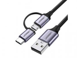  Kabel UGREEN, USB-A(m) na  Micro USB (m) + USB-C(m) braided, 1m