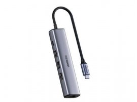  USB-C HUB UGREEN 5-in-1, USB-C na 3x USB-A 3.0, 1x USB-C (PD 100W), 1x RJ45 (1 Gbps), sivi