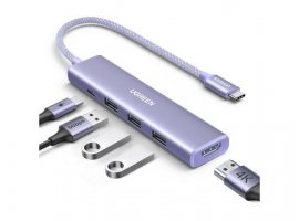  USB-C HUB UGREEN Revodok 5u1, 3x USB-A 3.0, 1x USB-C PD 100W, 1x HDMI 4K/30Hz, ljubičasti