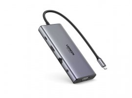  USB-C HUB UGREEN 11u1, 2x USB-C 3.2, 1x USB-A 3.2, 1x USB-A 3.0, 1x USB-C PD 100W, 1x HDMI 4K/30Hz, 1x VGA, 1x SD/TF čitač kartica, 1x RJ45, 1x 3.5mm, sivi