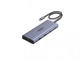  USB-C HUB UGREEN 10u1, 2x USB-C 3.2, 1x USB-A 3.2, 1x USB-A 3.0, 1x USB-C PD 100W, 2x HDMI 4K/60Hz, 1x RJ45 Gbit, čitač kartica SD/TF, sivi