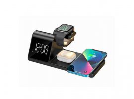  Bežični punjač HAVIT W3042, 3u1, funkcijski sat i budilica, za mobitel (15 W), pametni sat (2.5 W) i bežične slušalice (3 W), crni