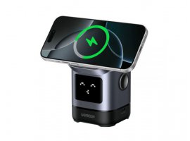  Bežični punjač UGREEN Robot Uno, 3u1, Qi2, za mobitel (15 W), pametni sat (5 W) i bežične slušalice (5 W), smart status emojis, sivi