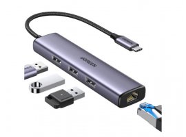 USB-C HUB UGREEN 4u1, 3x USB-A 3.0, 1x RJ45 GbE, sivi
