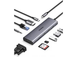  USB-C HUB UGREEN, 10-in-1 USB-C, 1xHDMI, 1xVGA, 1xRJ45, 1x100W PD USB-C, 3x3.0 USB-A, 1x3.5mm audio, 1xSD, 1xTF 
