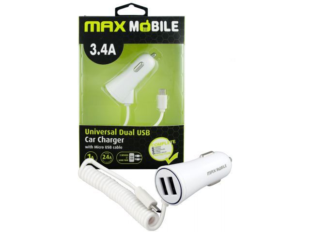 Auto punjač MAXMOBILE CC-D016, DUO USB, 3.4A + micro Kabel, bijeli