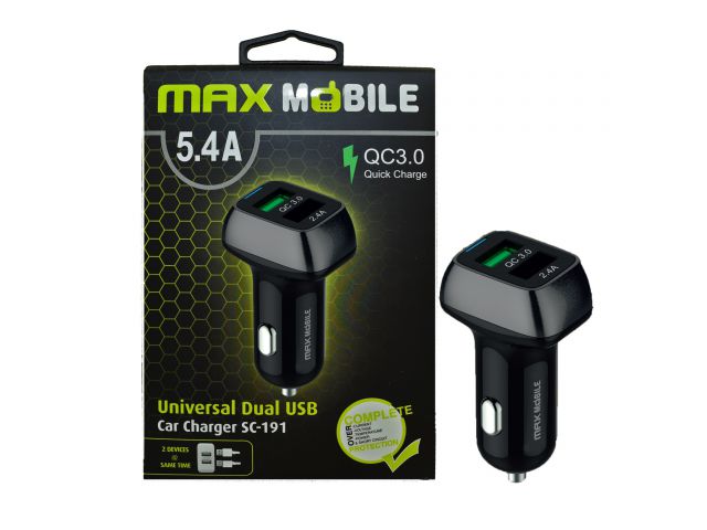 Auto punjač MAXMOBILE SC-191 QC 3.0, 2x USB, QUICK CHARGE, 5.4A, crno-sivi