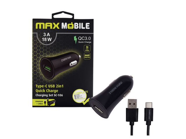 Auto punjač MAXMOBILE SC-106 QC 3.0, 18W quick charge + kabel USB-C, crni