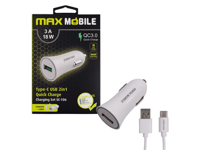 Auto punjač MAXMOBILE SC-106 QC 3.0, 18W quick charge + kabel USB-C, bijeli