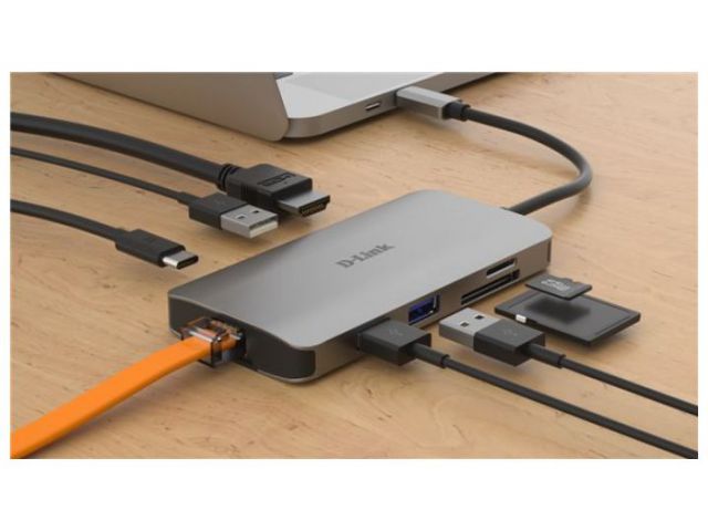 USB-C HUB D-LINK DUB-M810, 8 u 1, USB-C na 3x USB 3.0, 1x USB-C, 1x HDMI, 1x GLAN, 1x SD/microSD/SDHC/SDXC čitač kartica
