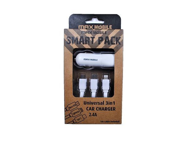 Auto punjač MAXMOBILE SC-198 3u1 kabel, 2.4A, bijeli