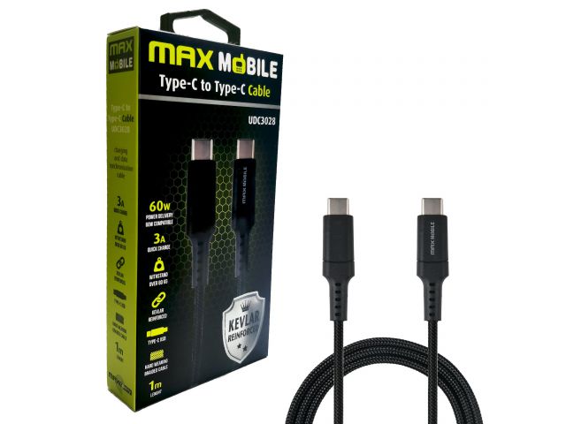 Kabel MAXMOBILE UDC3028 USB-C(m) na USB-C(m), 1m, Quick Charge, Kevlar, crni