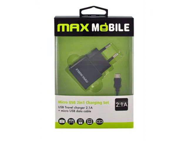 Kućni punjač MAXMOBILE 2 u 1, micro USB, 2100 mAh, crni, univerzalni