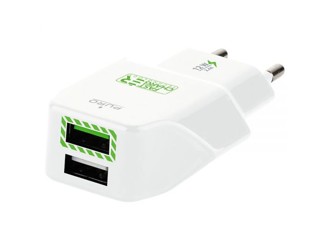 Kućni punjač PURO Fast Charger, 2 USB porta, 2.4A, bijeli