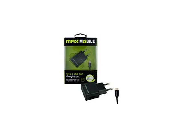 Kućni punjač MAXMOBILE 2u1, USB + Typ-C kabel, 2.4A, crni