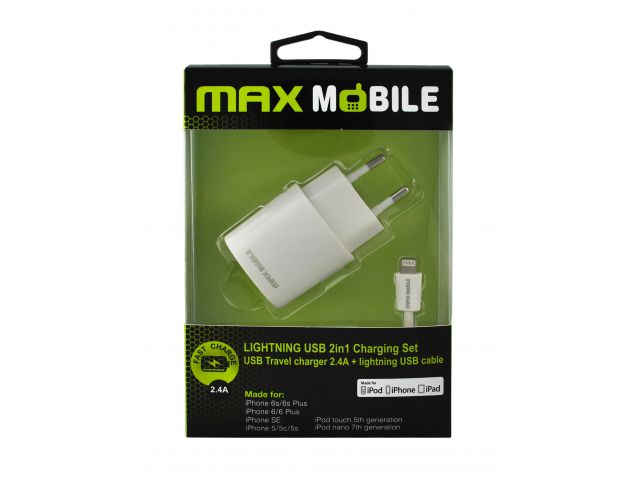 Kućni punjač MAXMOBILE 2u1, za iPhone 5/6/7, iPad, 2.4A, MFI
