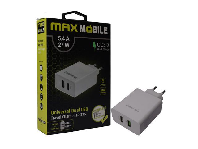Kućni punjač MAXMOBILE TR-275, Q.C 3.0 ultra brzi USB, QUICK CHARGE, 5.4A, bijeli