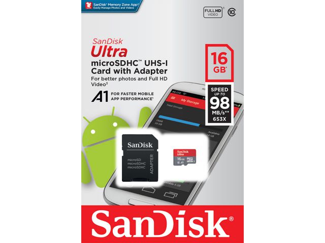 Memorijska kartica microSDHC 16 GB SANDISK Ultra Android, Class10 A1 UHS-I, 98 MB/s + SD adapter (SDSQUAR-016G-GN6MA)