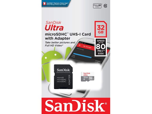 Memorijska kartica microSDHC 32 GB SANDISK Ultra Android, Class10 UHS-I, 80 MB/s + SD adapter (SDSQUNS-032G-GN3MA)