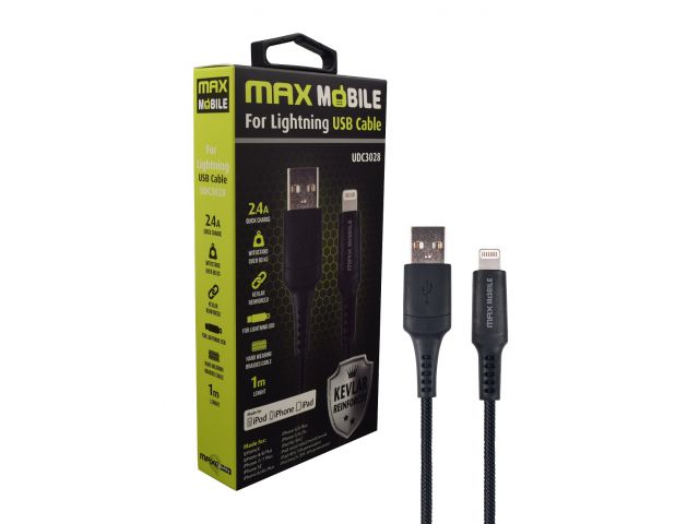 Kabel MAXMOBILE za iPhone 5/6/7/8, KEVLAR, 2.4A, 1m, crni