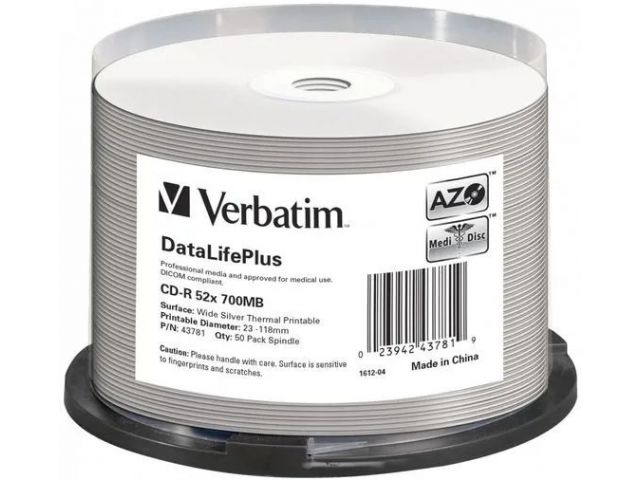 CD-R medij VERBATIM 700MB 52× DataLife+ Wide THERMAL SILVER PRINTABLE (No ID) 50 pack spindle