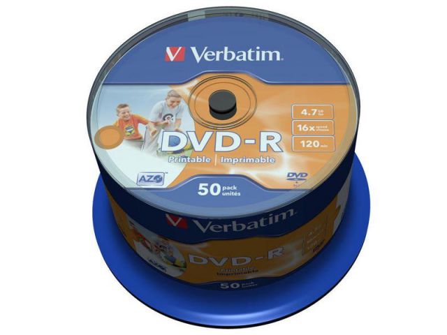 DVD-R medij VERBATIM 4.7GB 16× Wide PRINTABLE (No ID) 50 pack spindle