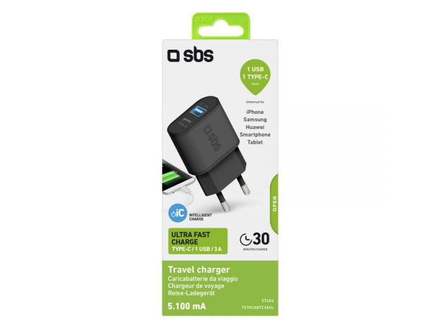 Kućni punjač SBS 25W, IntelligentCharge 3.0, 1xUSBA i 1xUSBC port (S21), crni
