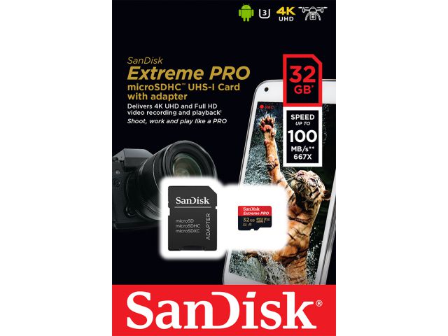 Memorijska kartica microSDHC 32 GB SANDISK Extreme Pro, Class10 A1 UHS-I U3 V30, 100 MB/s + SD adapter (SDSQXCG-032G-GN6MA)