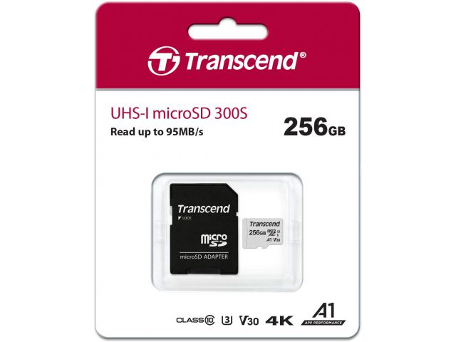 Memorijska kartica microSDXC 256 GB TRANSCEND 300S, Class10 A1 UHS-I U3 V30, 95 MB/s + SD adapter (TS256GUSD300S-A)